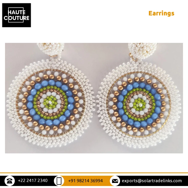Stunning Collection of Handmade Beaded Earrings - Ivory Blue Green Beaded Round Shape Fashionable Party Wear Earrings