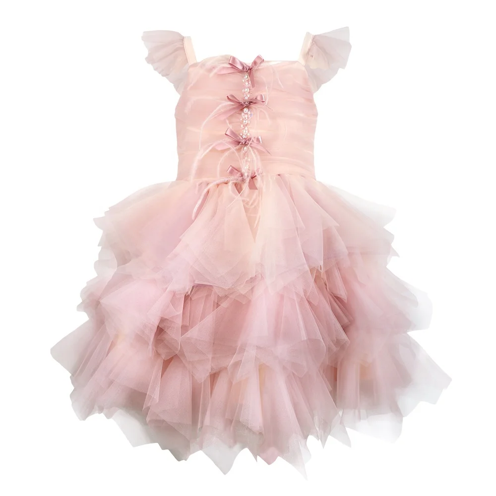 2024 Summer Style Custom Beaded Swan Ostrich Feathers Multi-Layer Billowy Pink Sleeveless Short Dress Baby Girls Parties ODM