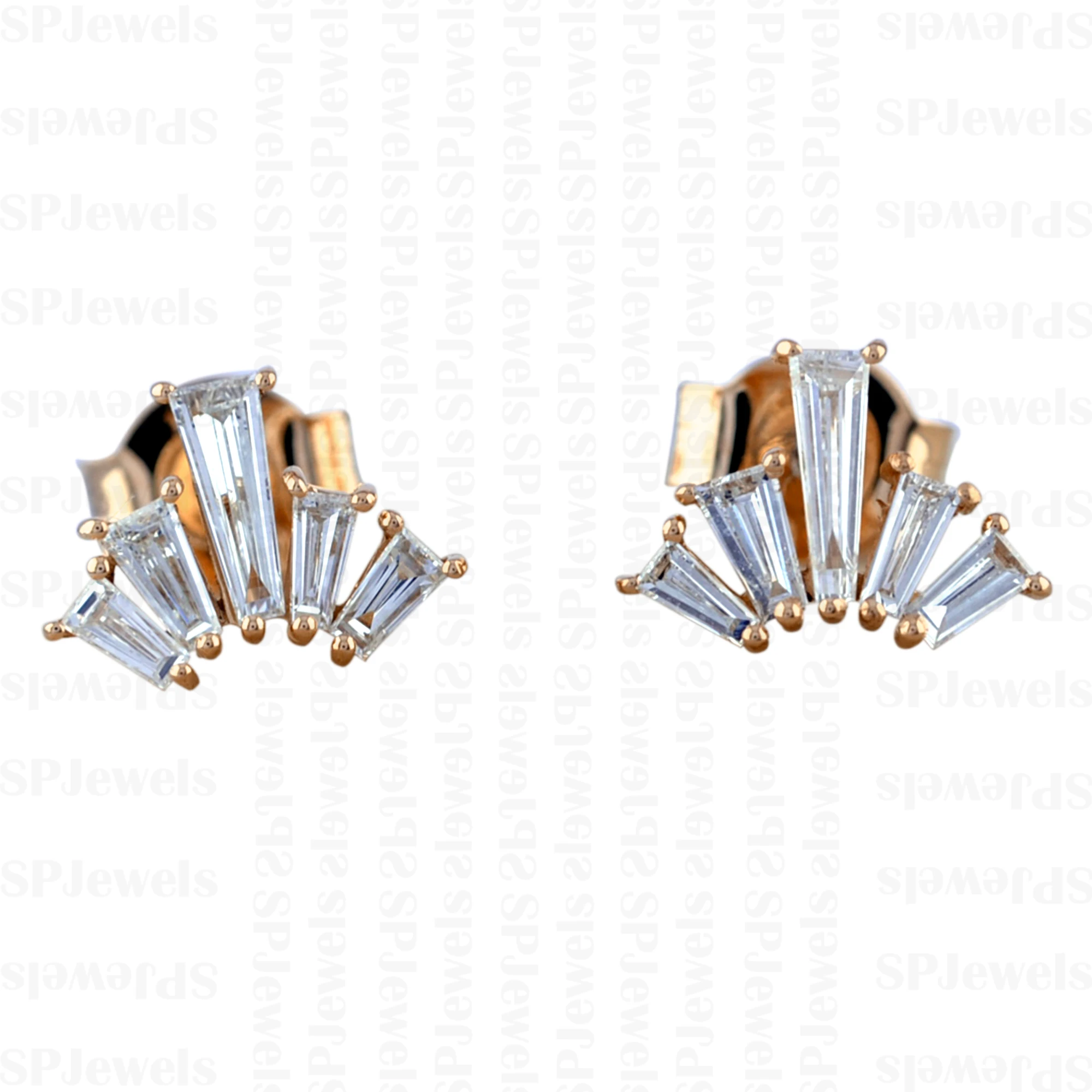 New Custom Baguette Wing 18k Solid Gold Yellow White Rose Gold Push Back Real SI-GH Diamond Stud Earrings Women Ear Piercing