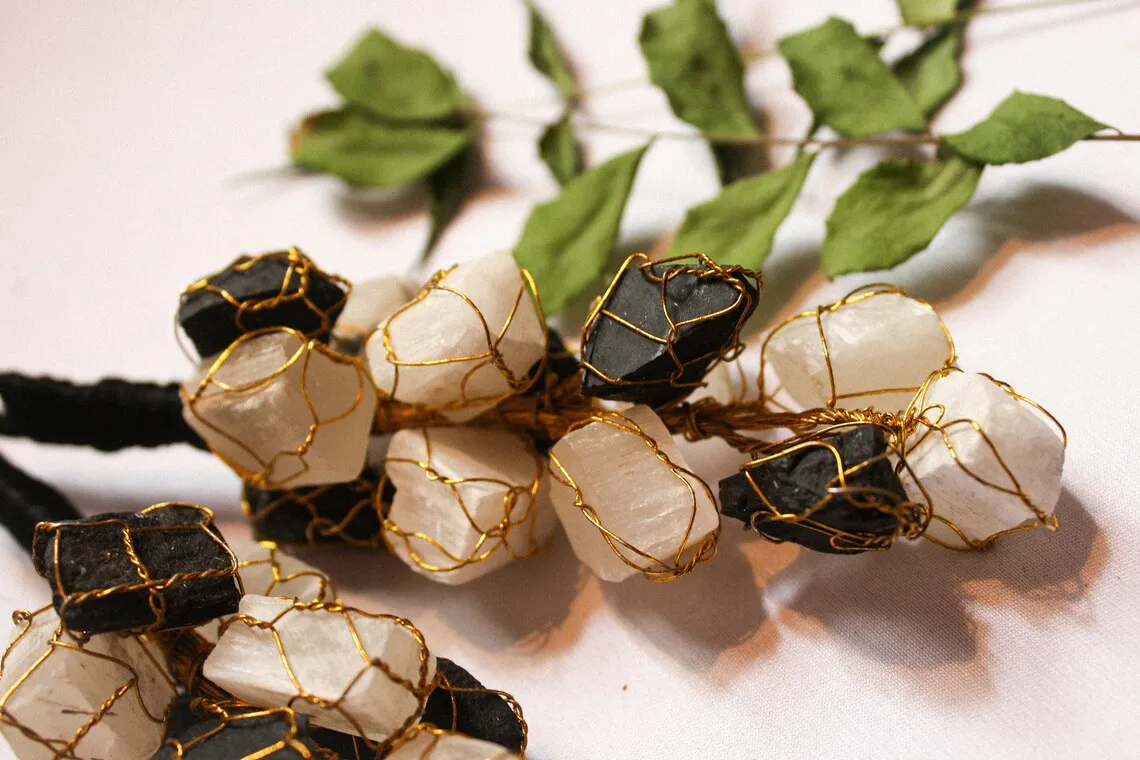 Natural Genuine Black Tourmaline and Selenite Vaastu Door Hanging for Reiki healing or Vaastu or Money attraction