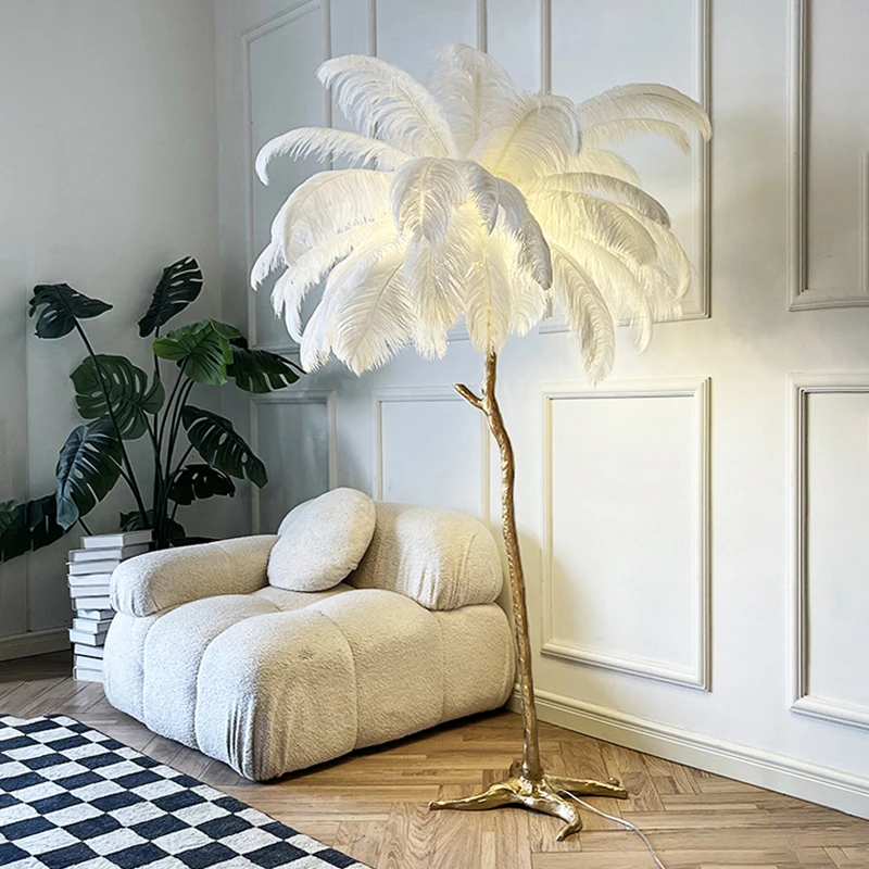 Modern Feather Lights Resin Copper Brass Hotel palm Tree Standing Lamp Modern Design Feather stand light LED Floor Lamps
