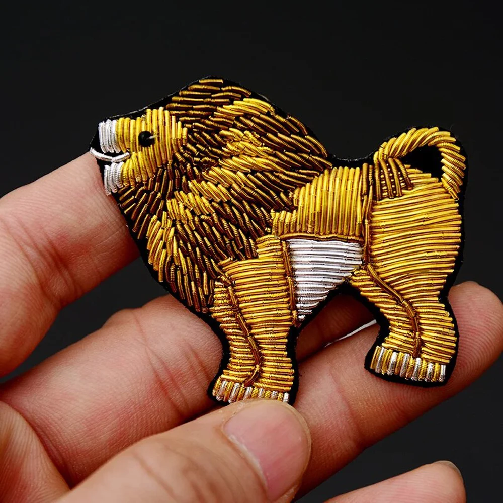 Custom Design High Quality Bullion Wire Brooches Solid Color Embroidery Bullion Wire  lion Brooches