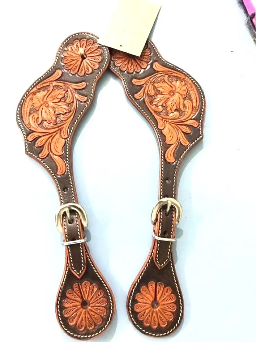 Leather very fine quality hand tolled antique Carving Spur Straps with brass fancy hardware fitting equestrian tack