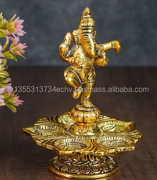 German Silver Golden Dancing Lord Ganesha With Diya Return Gift Diwali Diya Gold Oxidized Oil Lamp
