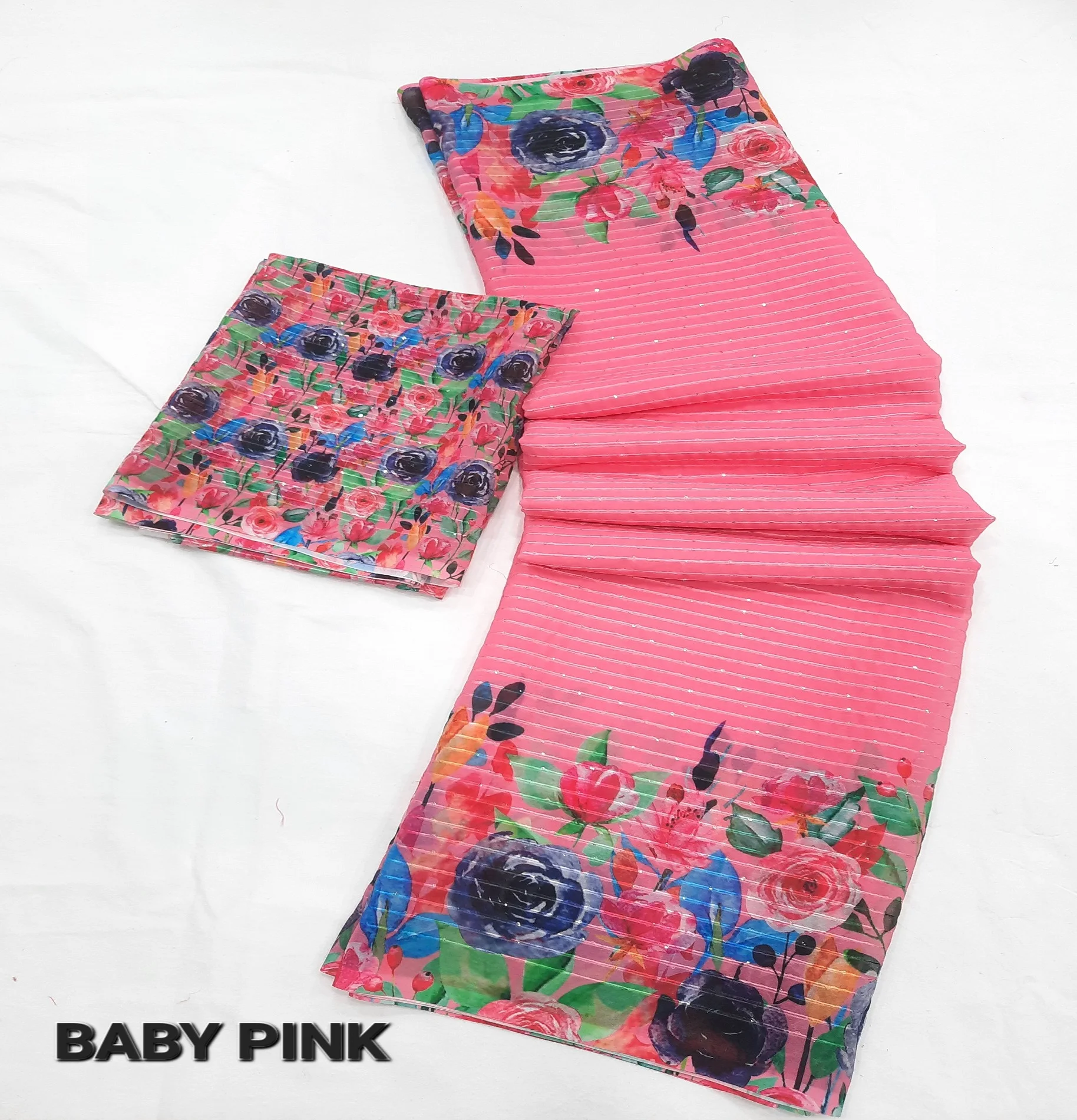 Indian designer GEORGEET WITH DIGITAL PRINT DESIGN WITH CROSEK SEQUENCE DESIGN WORK Saree