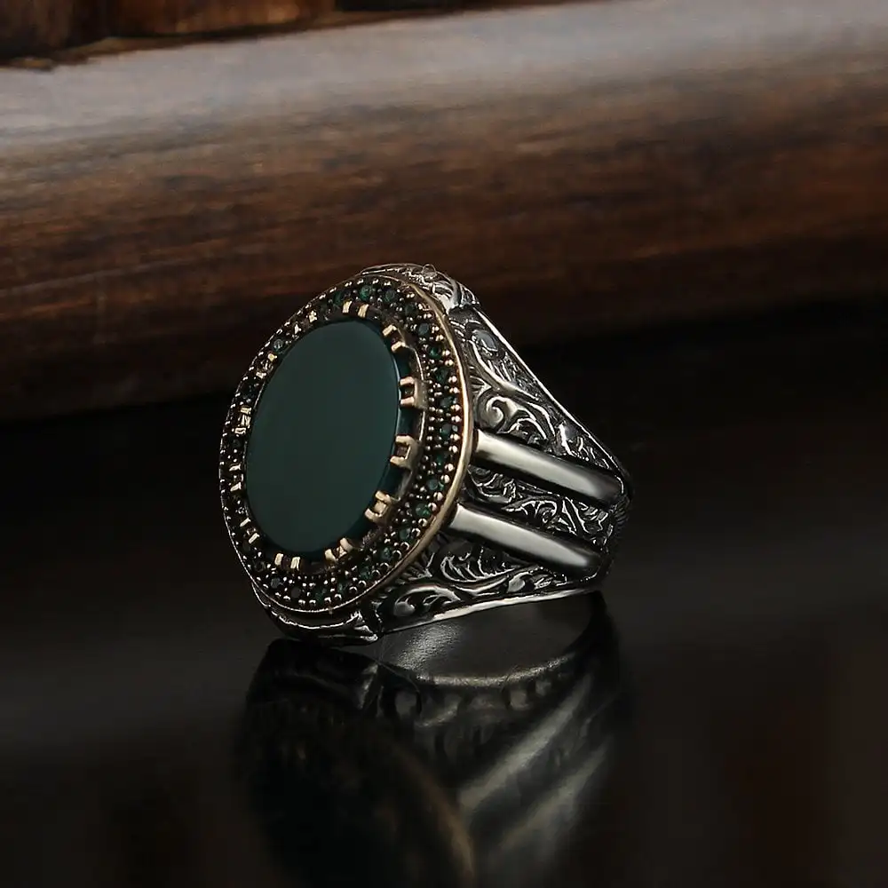 925 Silver Traditional Motif Green Onyx Stone Ring Turkish Handmade Men Ring Turkish Wholesales Silver Jewelry