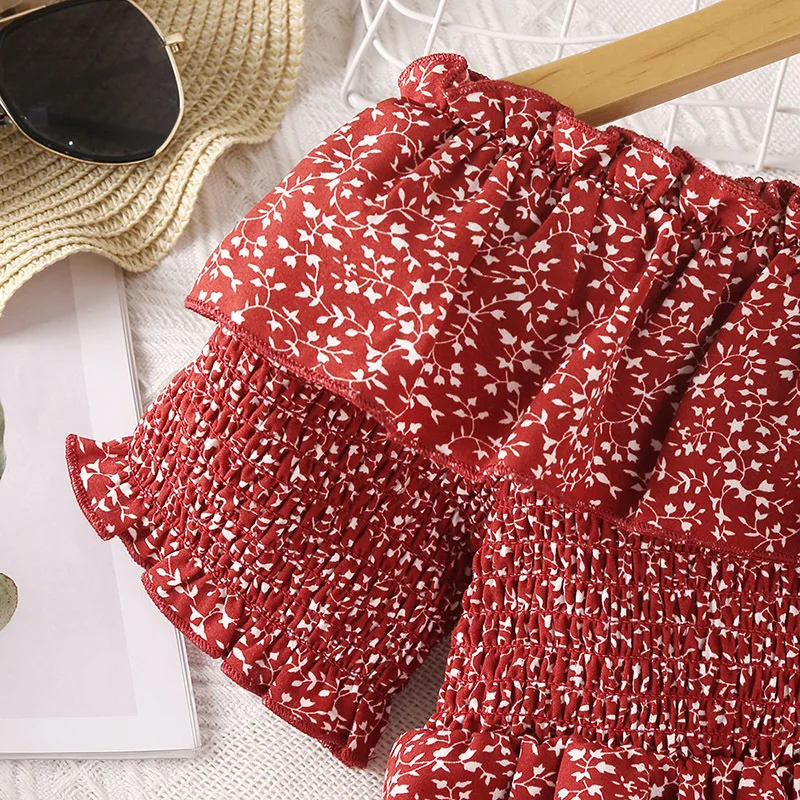 Cute Square Collar Puff Sleeve Kids Frock Red Cotton Floral Printed Summer Dress for Girls Off Shoulder