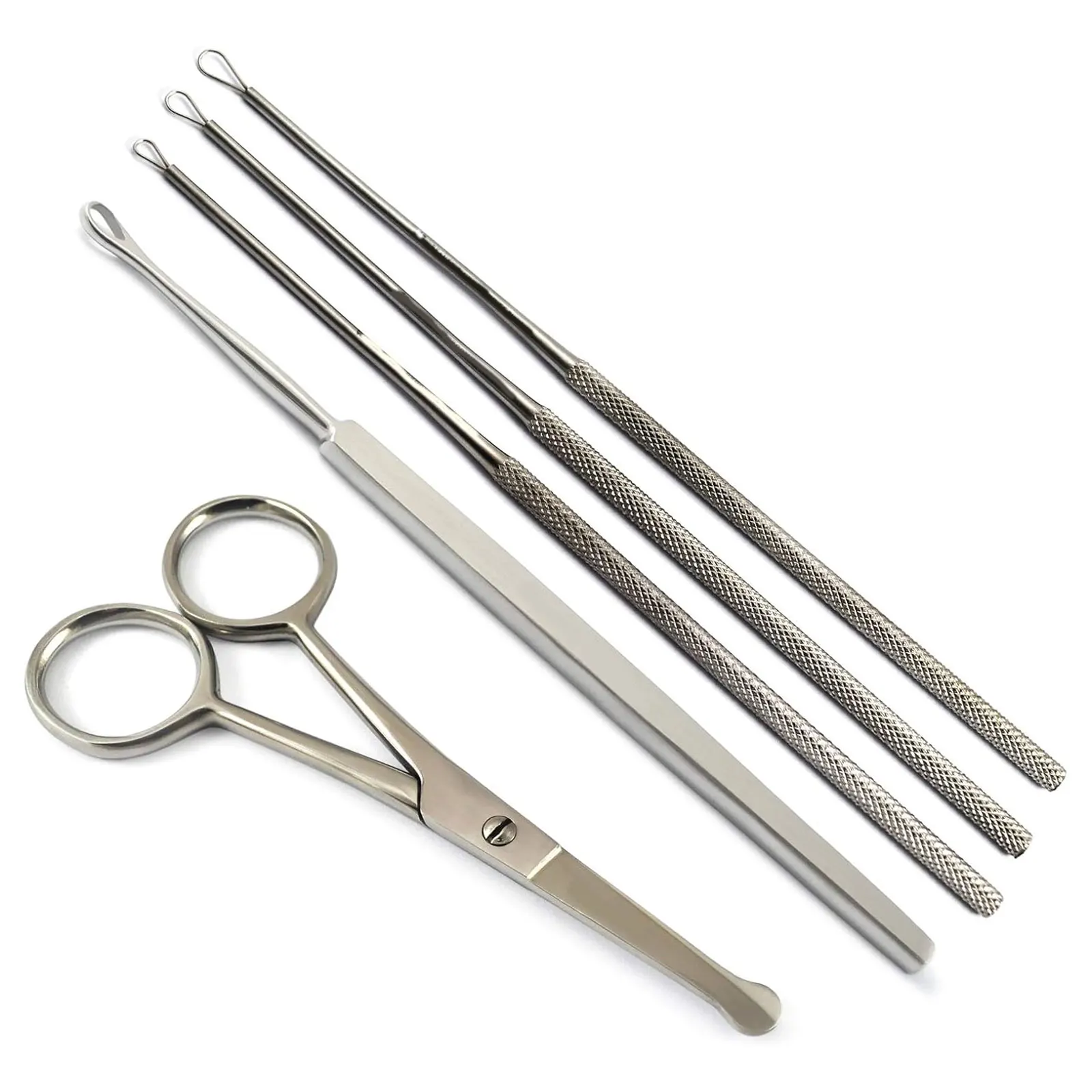 5-Piece Ear Wax Removal Kit Cleaner Ear Pick Curette Billeau Loop Scissors Ear Hygiene Hair Removal ENT Use