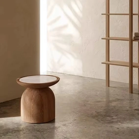 Solid Wood with Natural Stone Top Side Tables/Nightstands for Living Room and Bedroom Home Furniture