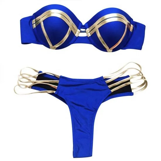 Women 1 Set Bikini Swimwear Super Soft Wear Resistant Nylon Bikini Bra Panties Set Solid Bathing Suit for Girl Pink Gold Bikini