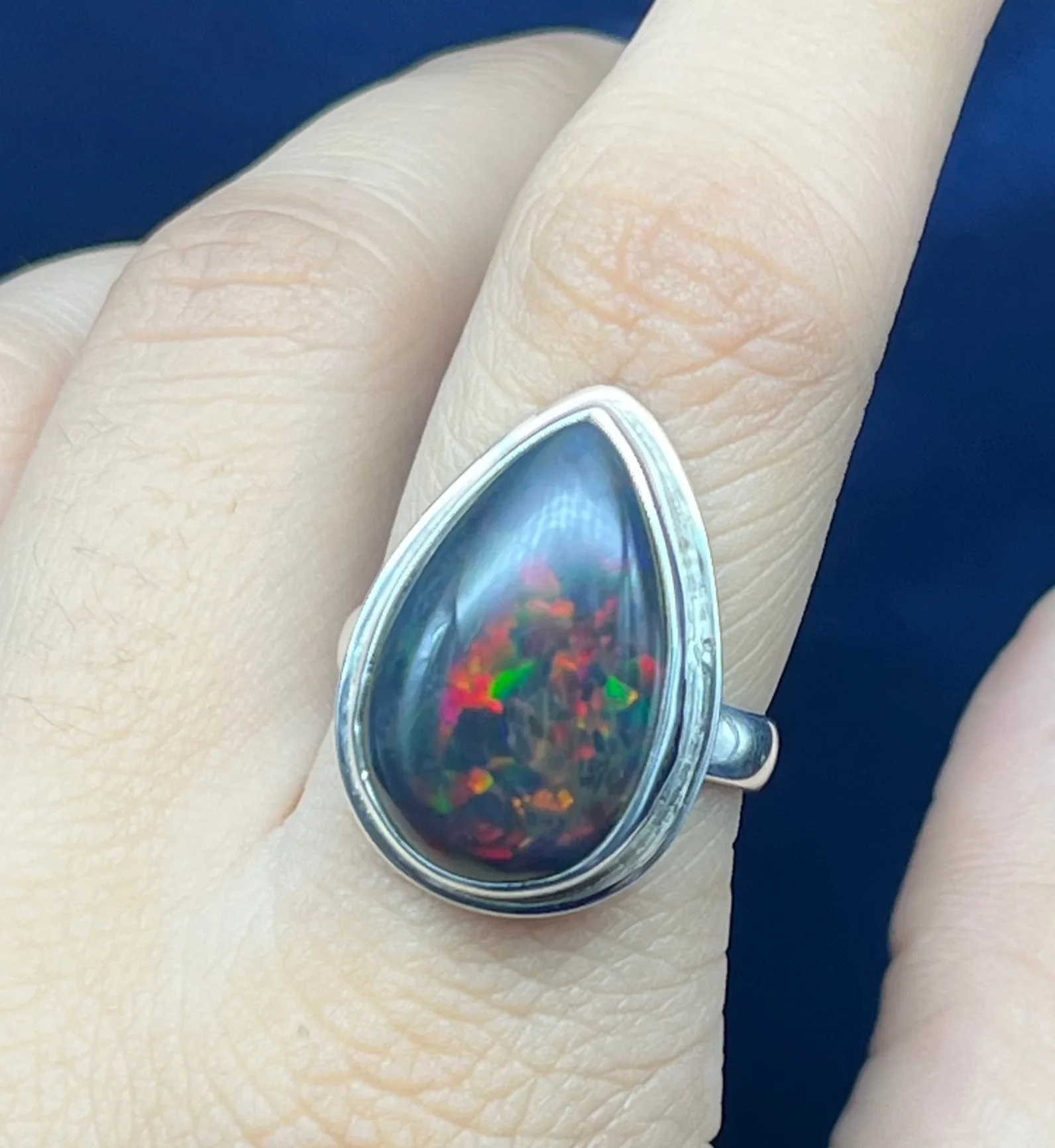 Natural Black Opal Silver Ring, Ethiopian Black Opal Gemstone Ring For Women, Tear Drop Black Opal Ring For Wedding
