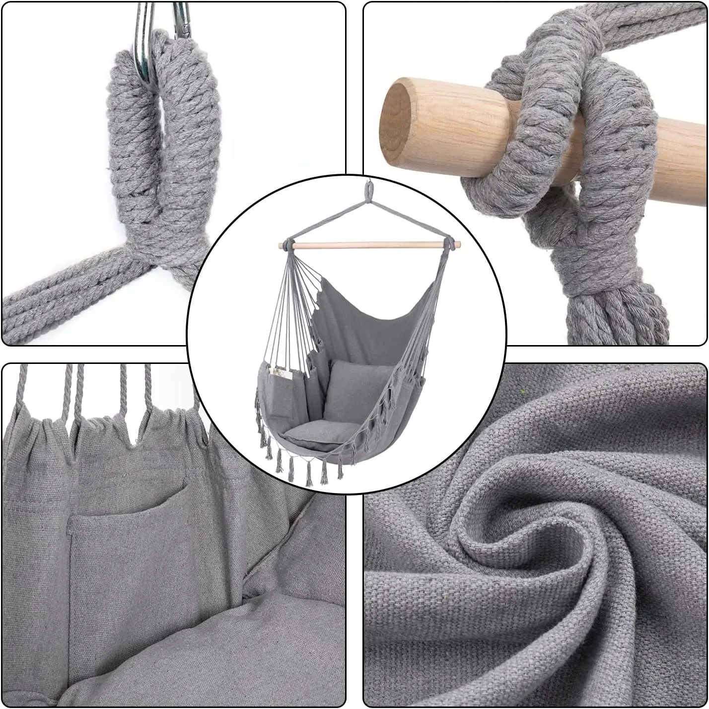 2 Cushions Included-Large Macrame Hanging Chair with Pocket for Superior Comfort