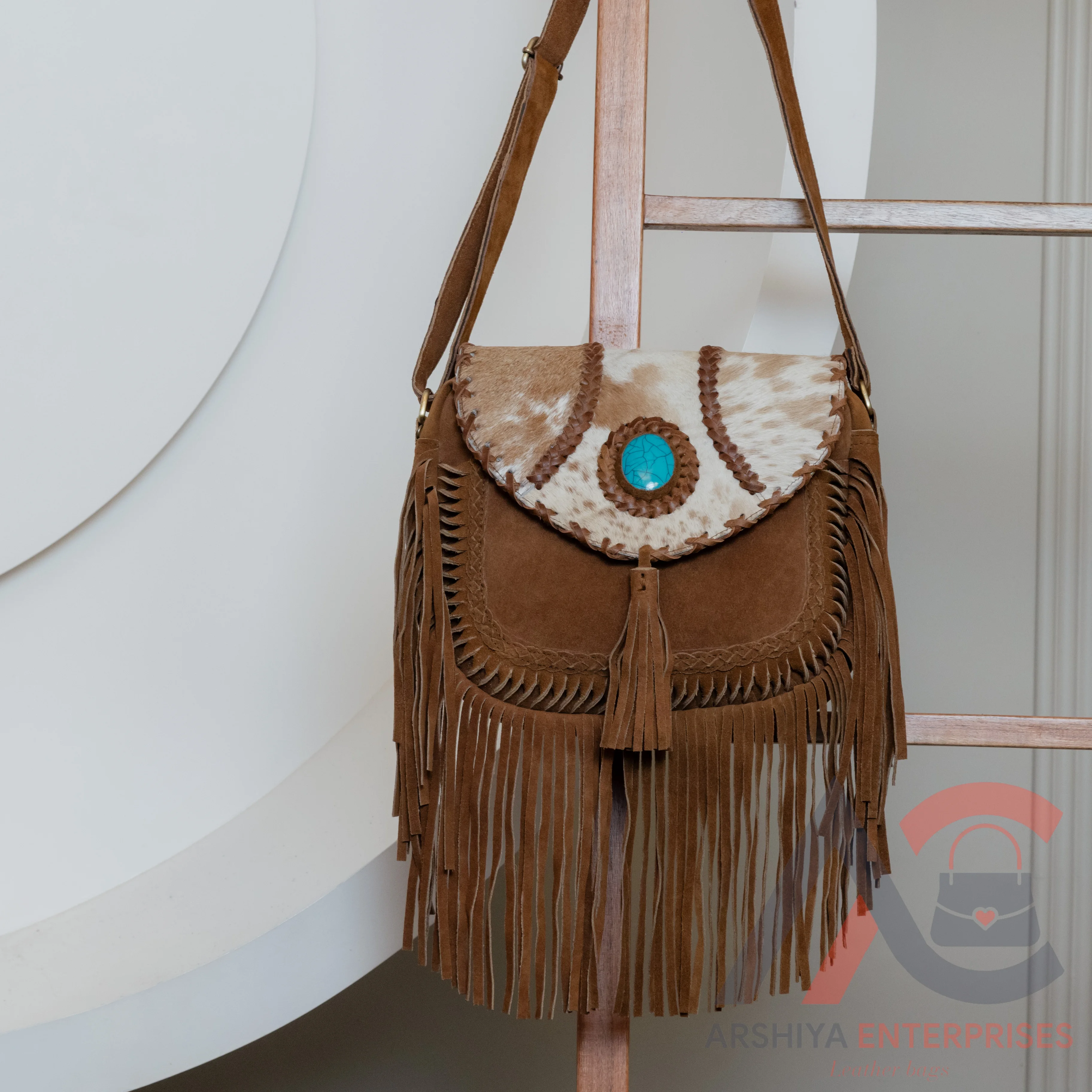Real Cowhide Fringe Handbag Turquoise Stone Sling Bag Gypsy Boho Vintage Handmade New Design Bag Multi Uses Stylish Bags