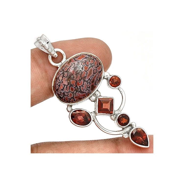 Custom Beauty Dinosaur Bone & Garnet Pendant 925 Sterling Silver Natural Gemstone Silver Pendant Handmade Fine Jewelry Pendant