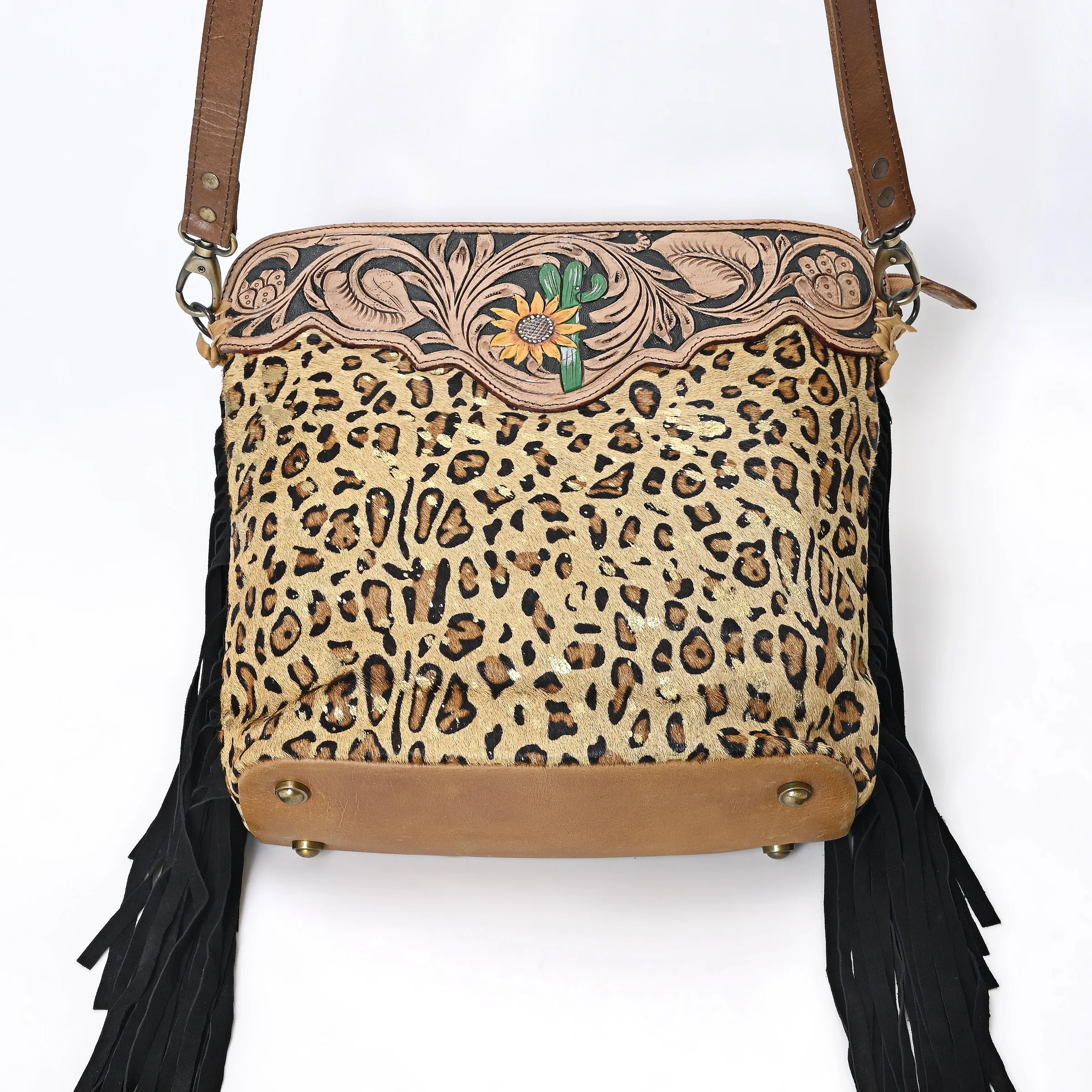 Hand Tooled Women Leather Crossbody Bag with Cactus And Sunflower Hand Tooling  Designs for Daily use Customization Available