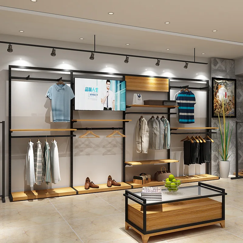 Custom boutique women garment clothes metal wood display racks retail store gold men clothing furniture shelf stand for store