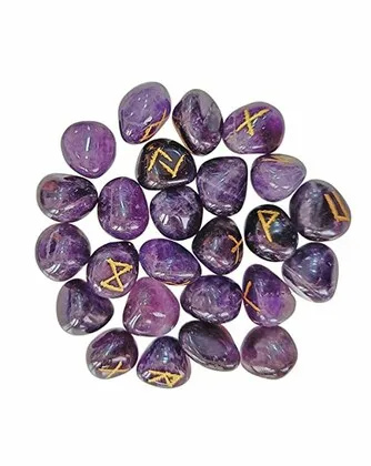 Natural Stone Crystal Amethyst Engraved Carved Reiki Rune Set 25 Piece Engraved Amethyst Tumble Agate Runes Gemstone Rune Set