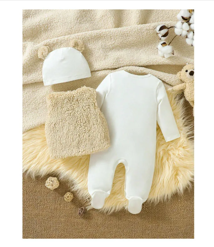 Newborn Baby Girl Bear Patched Teddy Vest Jacket & Footed Jumpsuit & Hat & Baby Jumpsuit