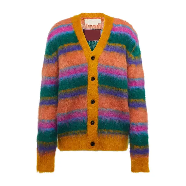 2023 Custom OEM & ODM mohair men sweater knitwear winter Striped mohair Fuzzy designer custom Cardigan knit sweater men