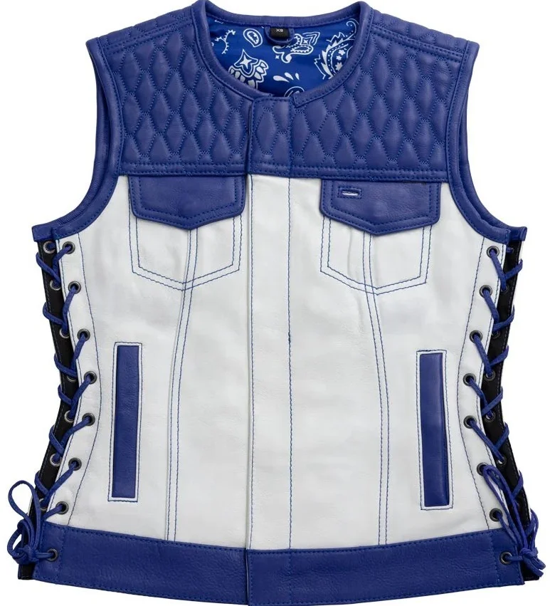 Ladies White Vest Cowhide Club Style Women Leather Biker Vest Motorcycle Motor Bike Vest
