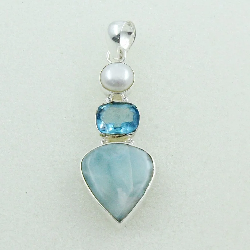 Most Popular Design Pearl, Blue Topaz & Larimar Stone 925 Silver Sterling Pendant Larimar Multi Stone Pendant