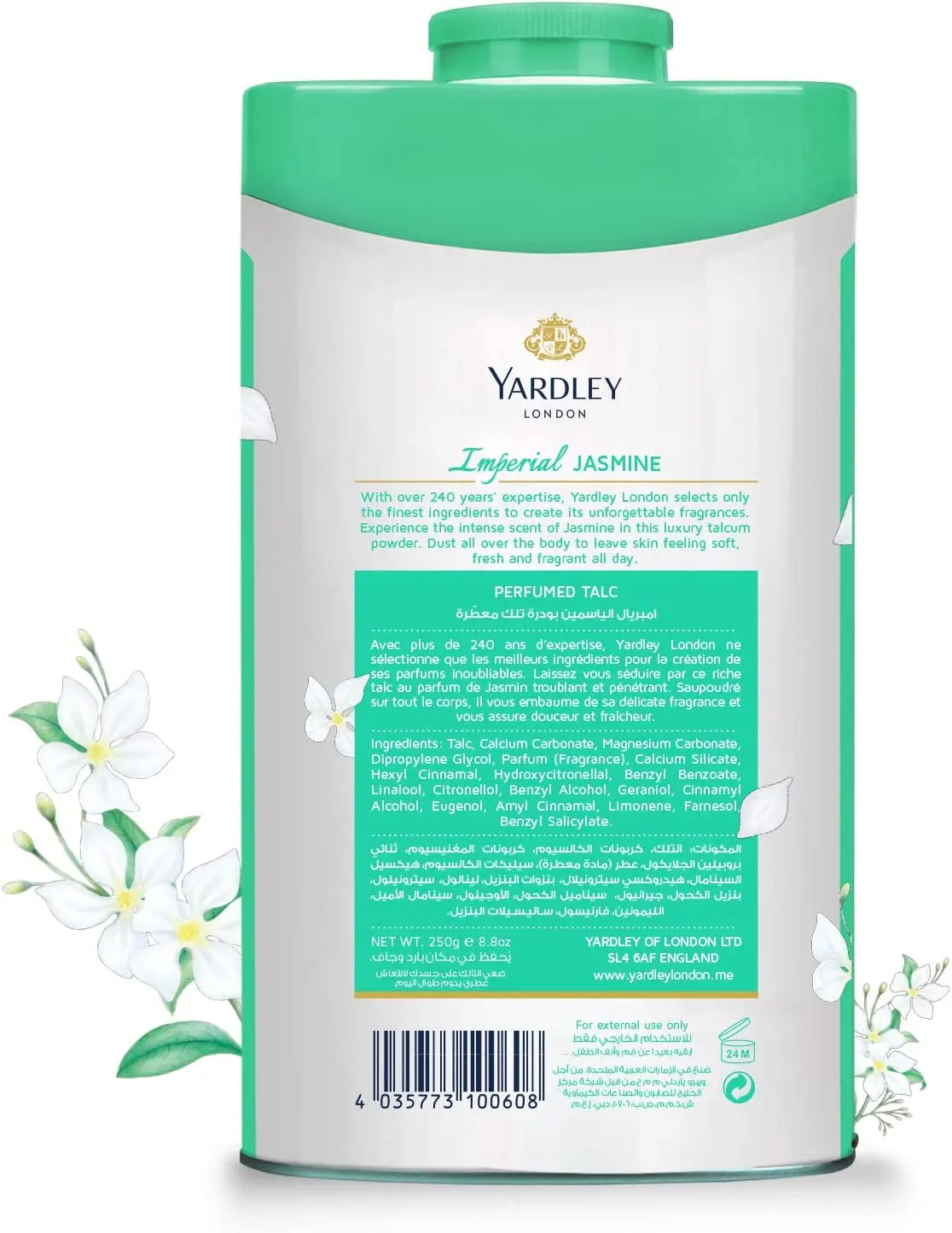 Yardley London Imperial Jasmine Perfumed Talc for Women 250ml Floral Deodorant Spray with Rose Lavender Blossom Fragrances