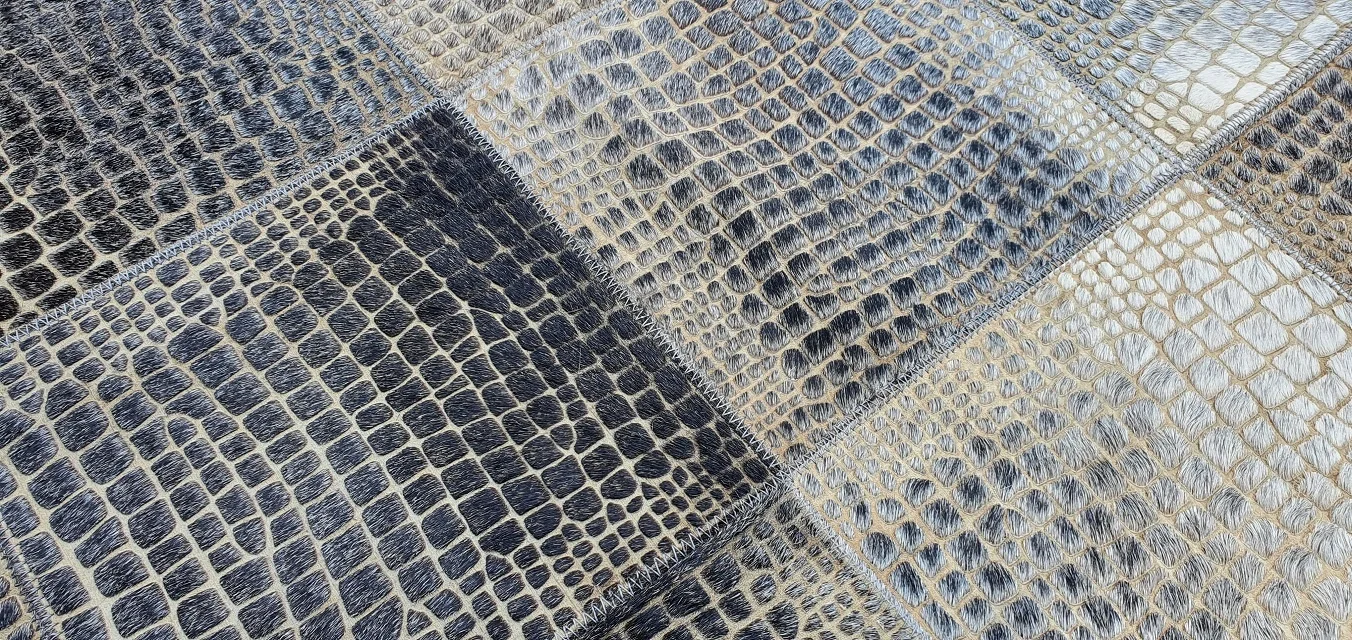 High Quality Laser Engraved Grey and Black Real Cowhide Leather Hair-on Handmade Cow Fur Leather Area Rug And Carpets For Home