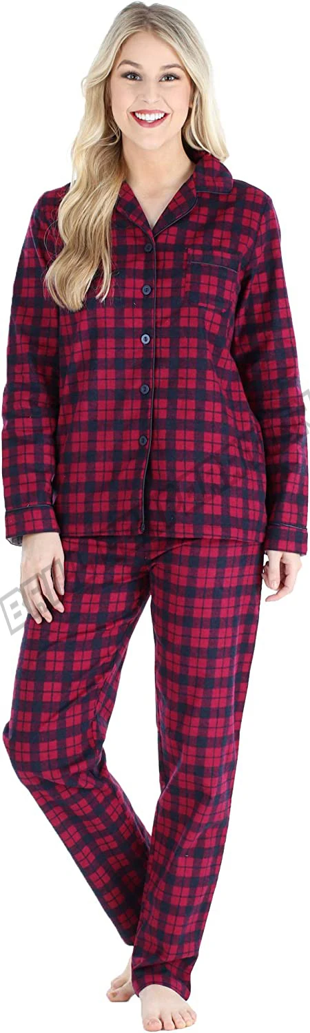 Women Flannel Sleepwear 2 Piece Set | 100% Cotton Plaid Long Sleeve Shirt & Trouser 2 Piece Sleeping Suit Custom Logo