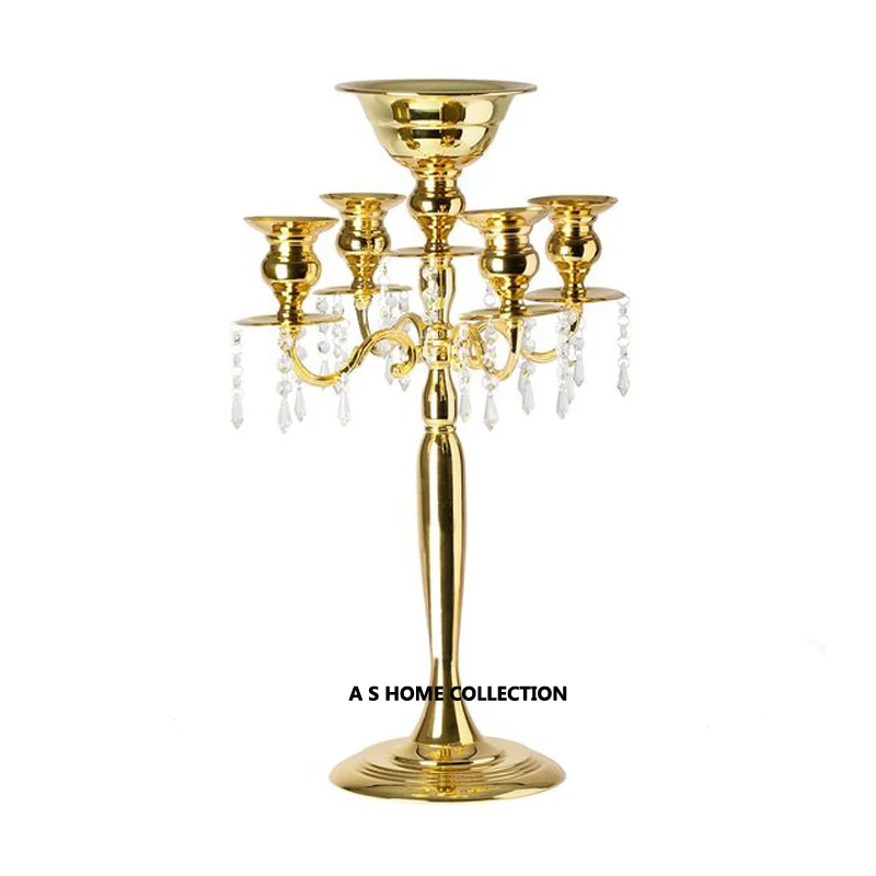 Christmas Gift metal Home Decoration 5 Arm large size glossy golden finished hanging crystal Candelabra