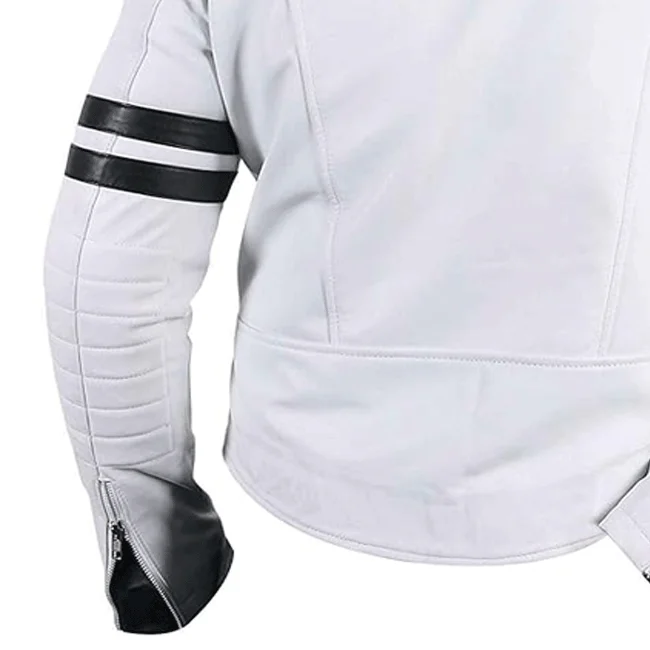Motorcycle Gear Original Leather Jacket  Men White Biker Jacket with Black Striped Available In All Sizes