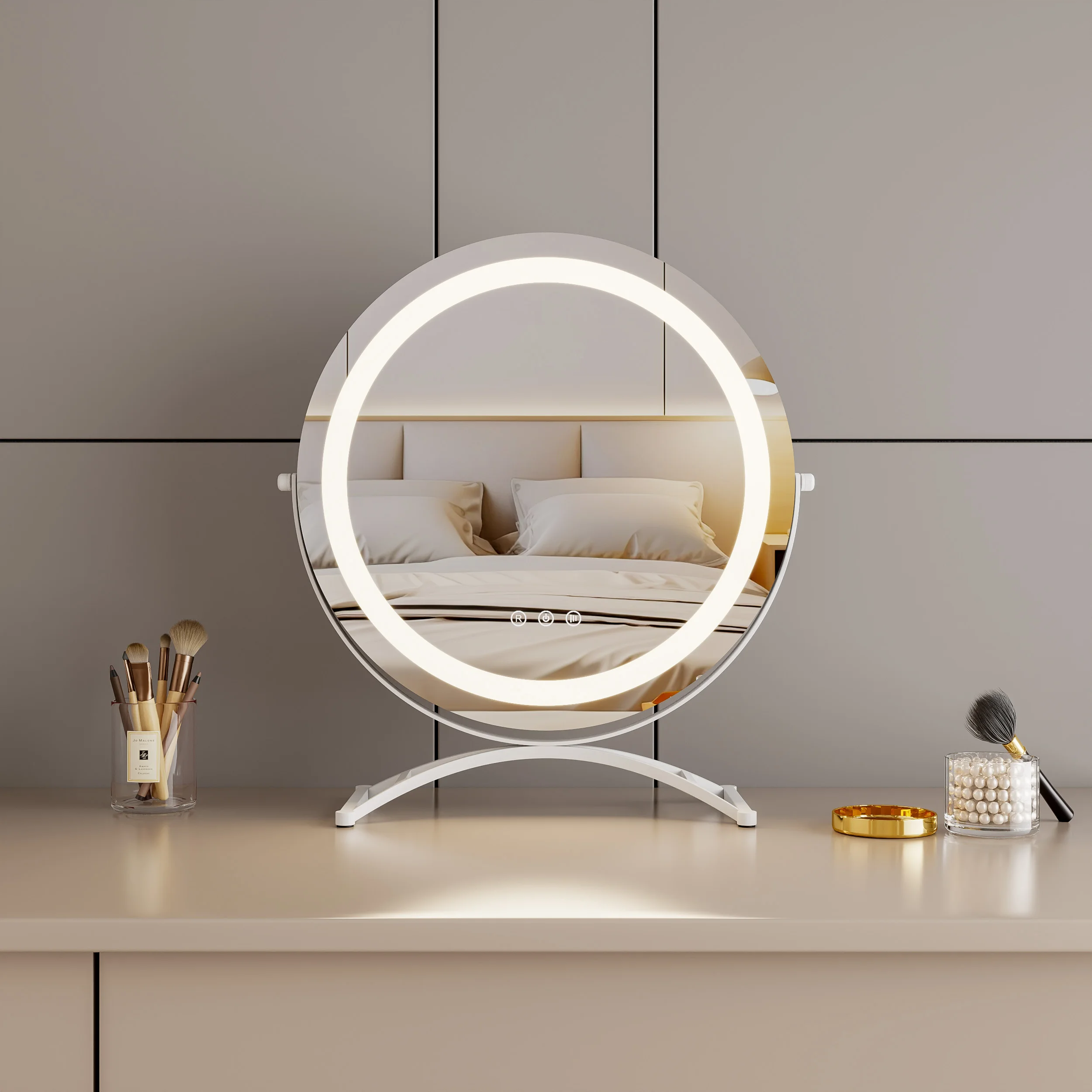 High Quality Lighted 3 Color Dimming Wholesale Round Cosmetic Makeup Table Vanity Mirror with LED Lights Cosmetic Mirror