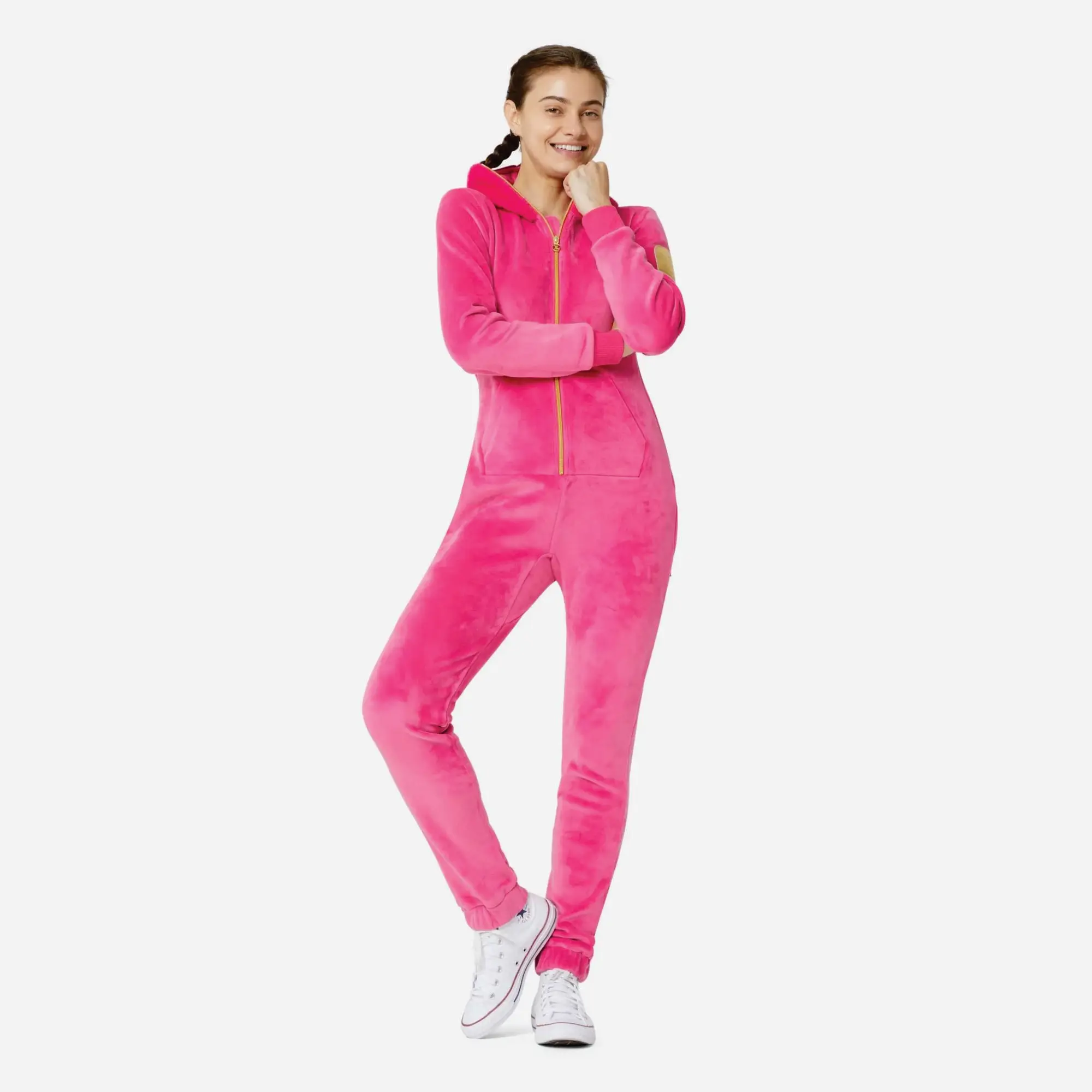 100% Polyester One Way Zipper Opening Front Kangaroo Pocket Pink Women Alps Soft Velvet Fitted Jumpsuit
