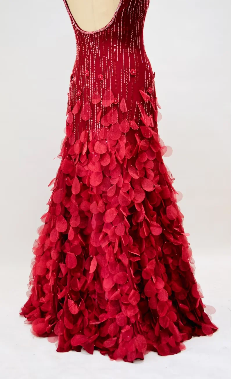 90s 00s Vintage Bias Cut Dark Red Sequin Evening Gown Dress Sue Wong Medium Red Floral Sequin Silk Gown Dress y2k Pageant Party