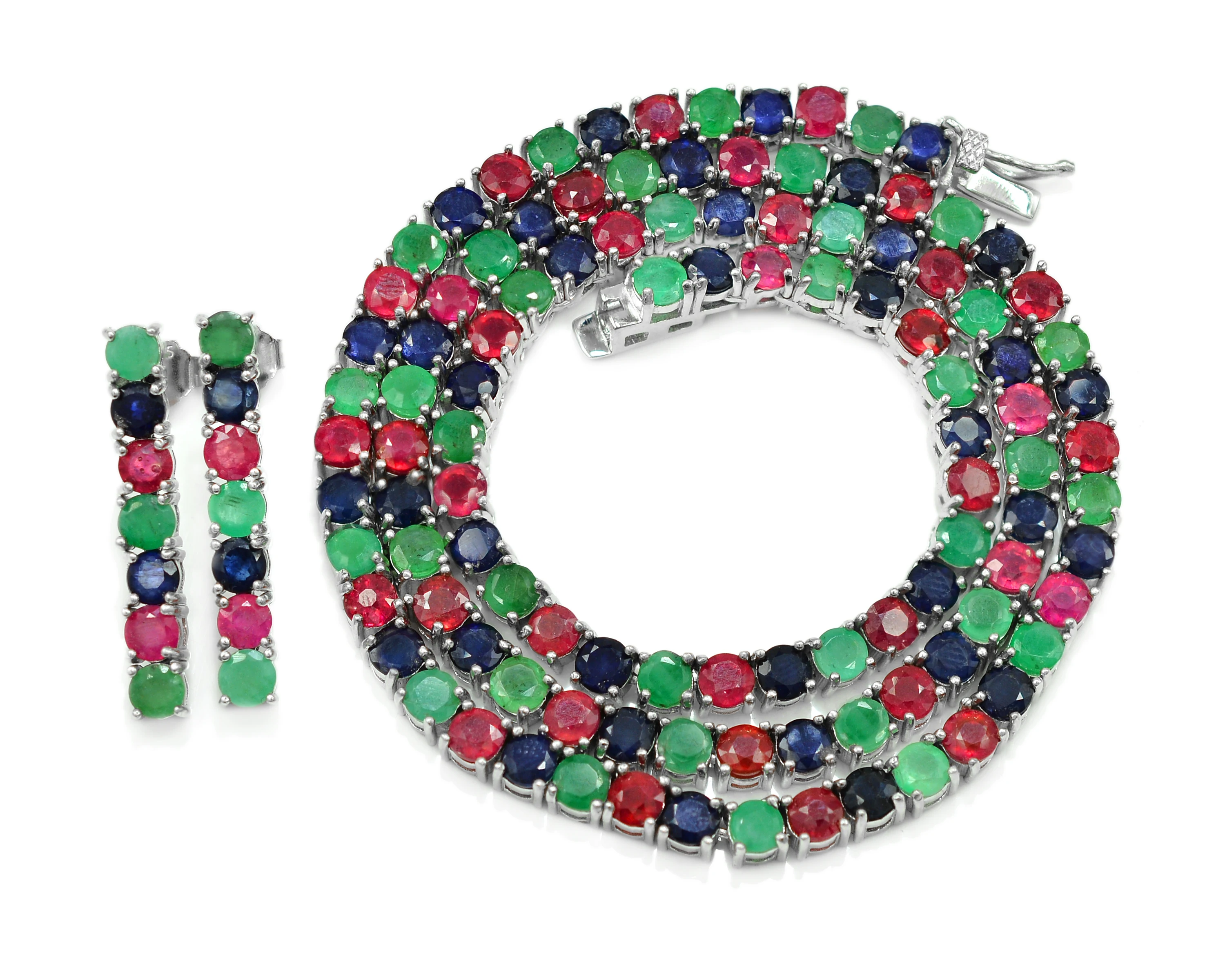 Natural Ruby Emerald & Sapphire Faceted Round Shape Solid 925 Silver Tennis Necklace & Earrings Set Elegant Jewelry Manufacture