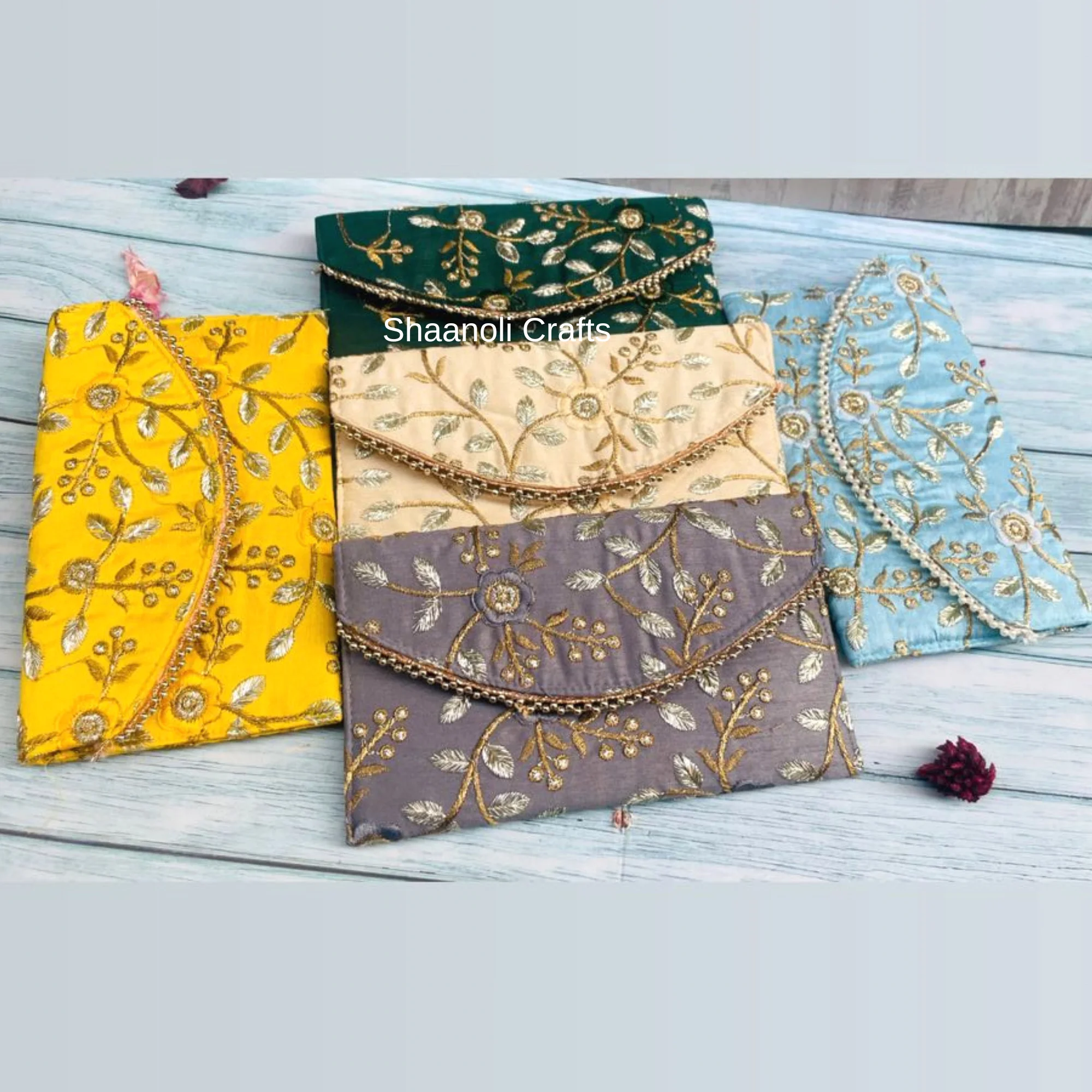 Golden Embroidery Clutch Bags Indian Wedding Gift Party Handbag Indian Clutches For Diwali Gift Evening Clutches