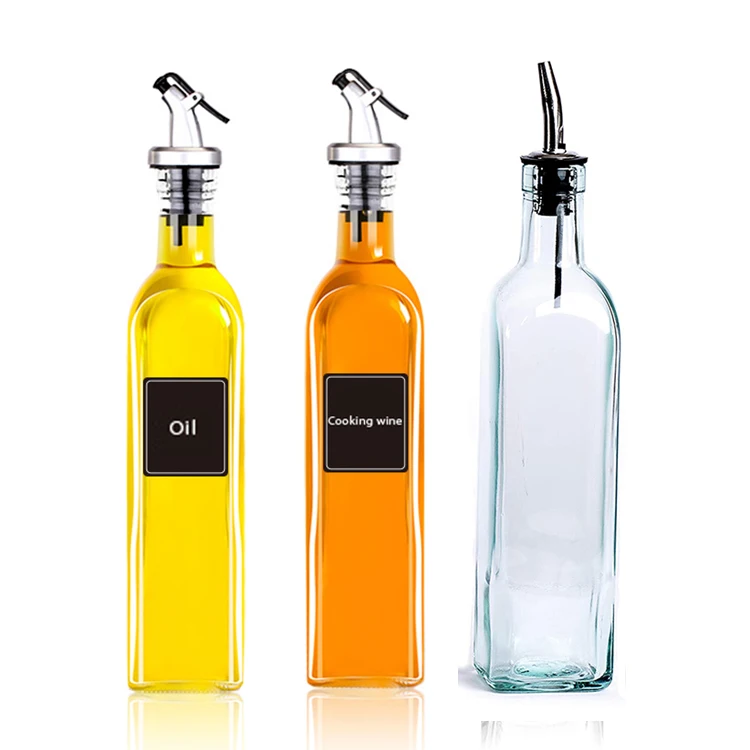 Custom Empty Stocked Cooking Oil 250ml 500ml 750ml Vinegar Olive oil Glass Bottle with stainless steel pourts