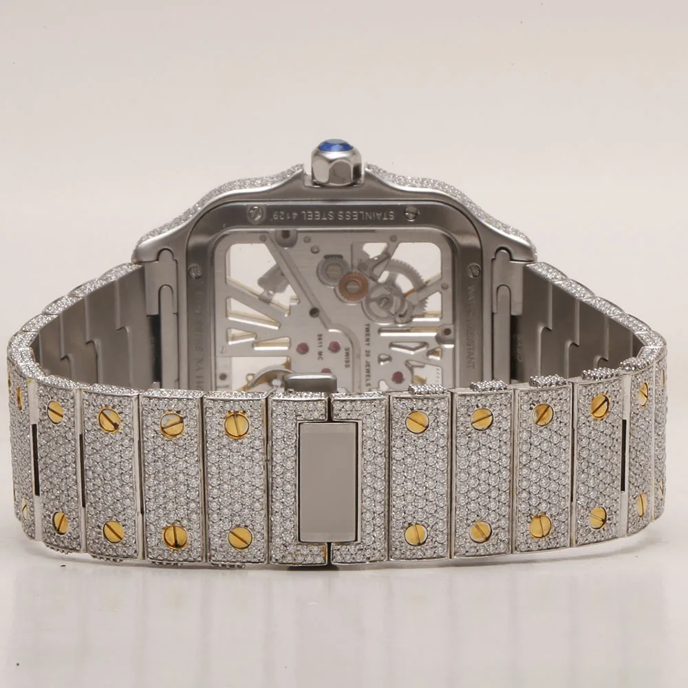 Full Iced Out Bling Tester Passed Mechanical belt Unisex Bezel Silver Transparent Custom Logo with Box Moissanite Diamond Watch