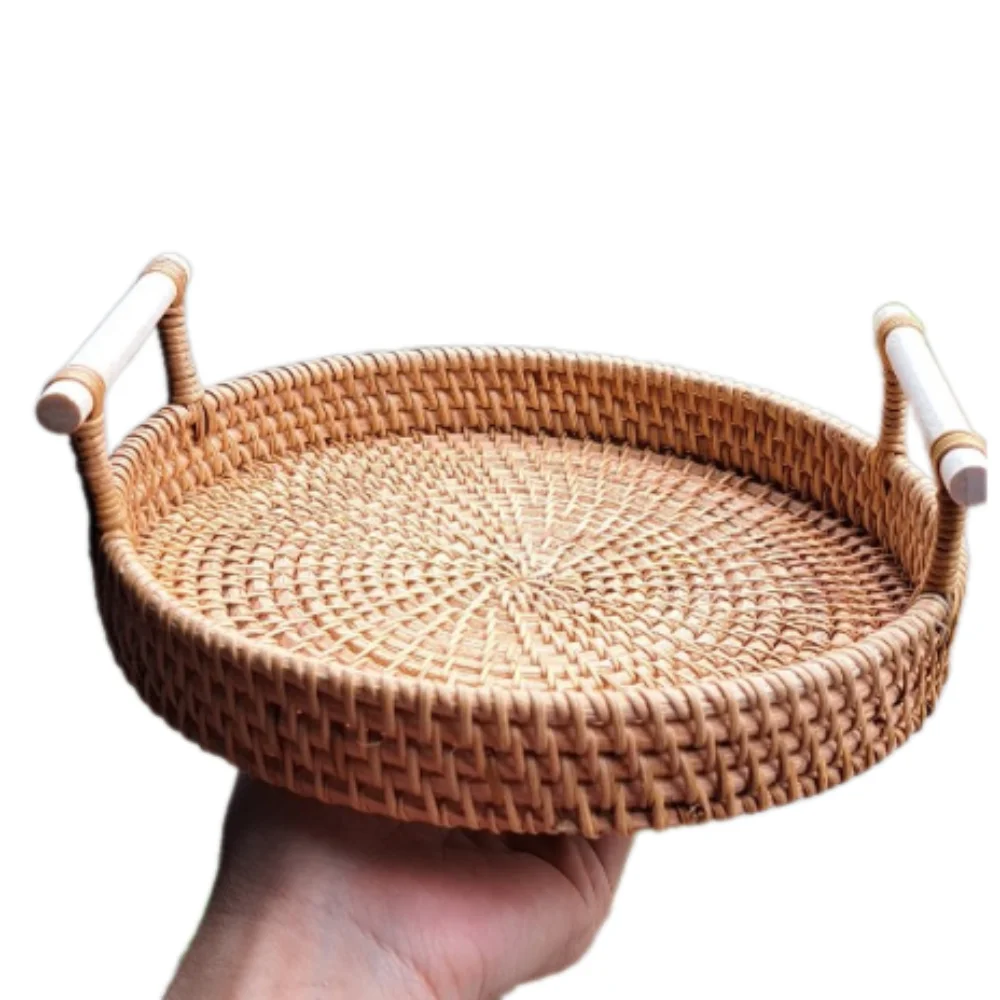 Ручной бамбуковый круглый ротанговый сервировочный поднос декоративные тканые подносы с ручками для кофейного столика натуральное сделано во Вьетнаме