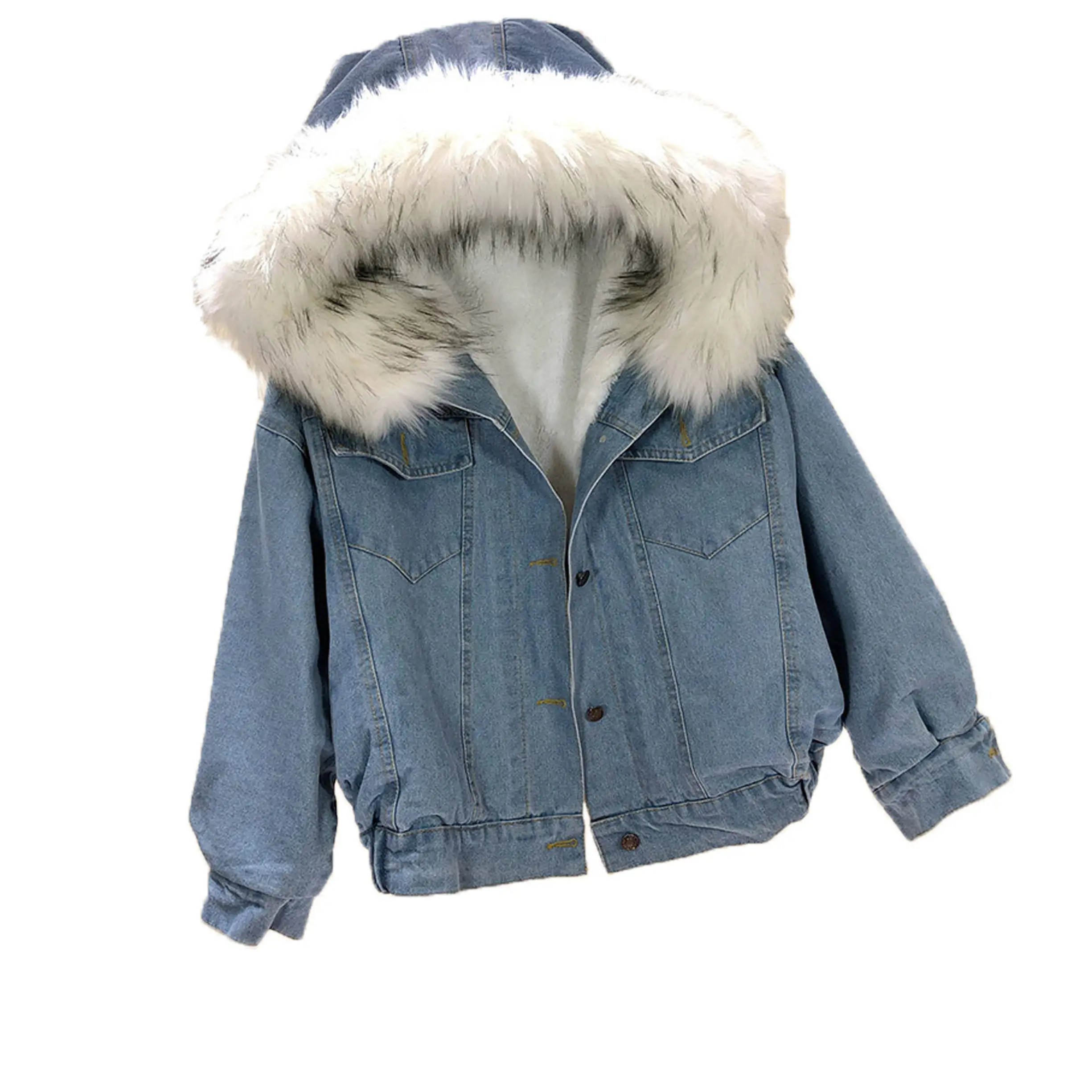 Sheep Fur Hood Women denim Jacket