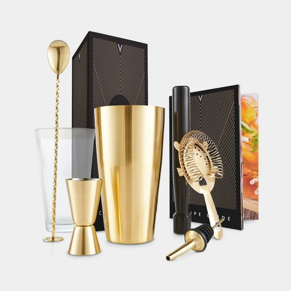 11 Piece Gold Stainless Steel Cocktail Shaker Set With Wooden Stand Professional Bartender Kit Custom Cheap Price Manufacturer