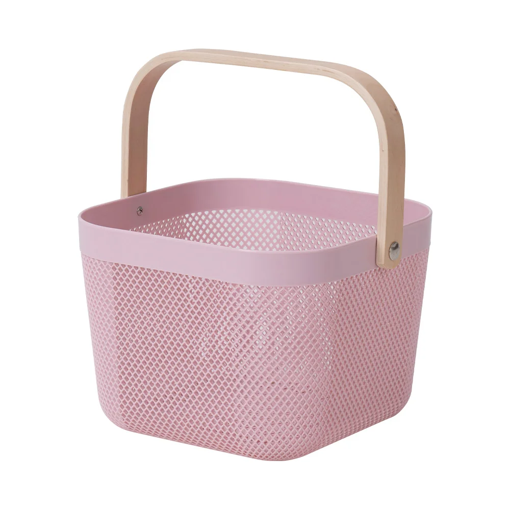 Small Pink Plastic Storage Basket with Wooden Handle for Picnic Fruit Food Storage