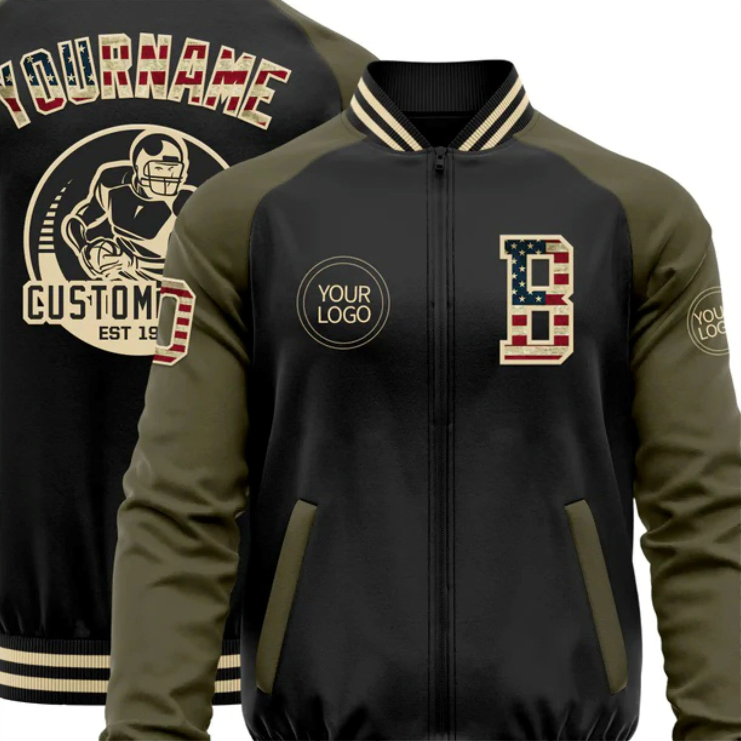 OEM Custom Manufacturing Whole Black Vintage USA Flag Olive-Cream Bomber Varsity Letterman Two Tone Zipper Jacket