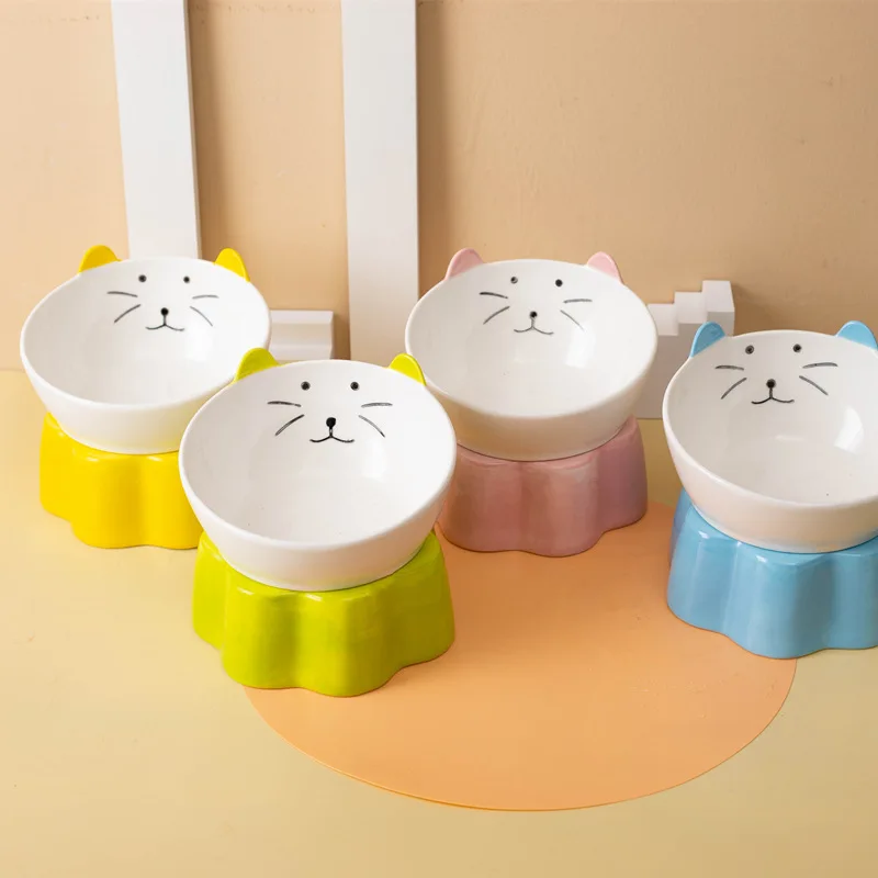 Cute Pet Supplies Ceramic Cat Food Bowls Drinking Feeder Sets Protection