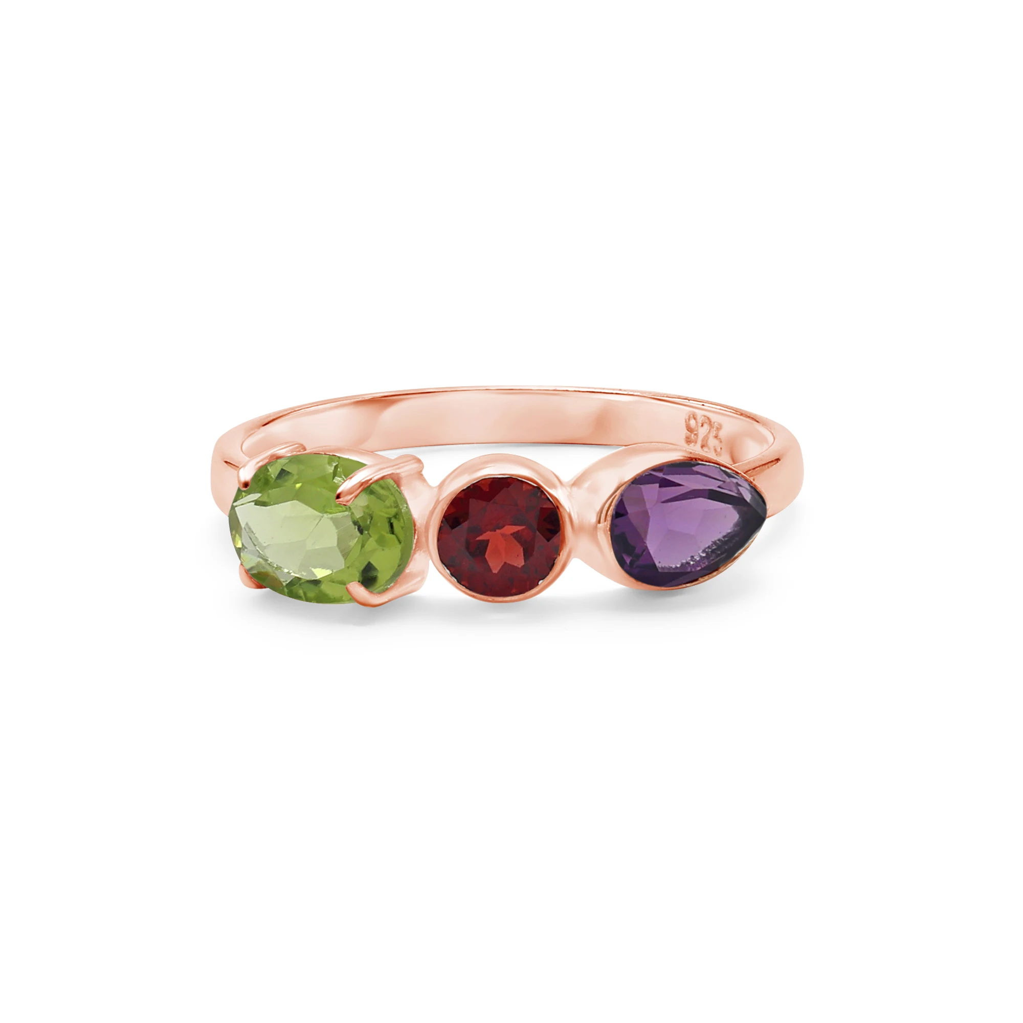 Trendy 925 Sterling Silver Oval Round Pear Cut Natural Peridot Garnet Amethyst Faceted Gemstone Band Ring Fine Jewelry For Women