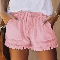 Hot Selling Solid Color Women Casual High Waist Pleated Drawstring Lace Up Fringe Jeans Pants