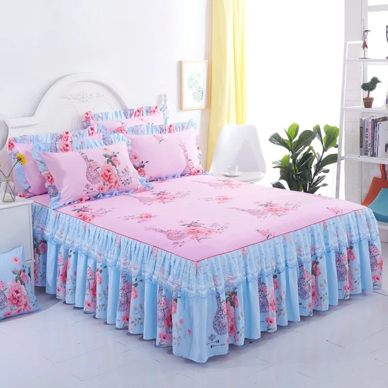 Quilting Bedding Pleated Bed Skirt Luxury cotton 2 pillow case+bed skirt set  romance princess Lace Bed Skirt