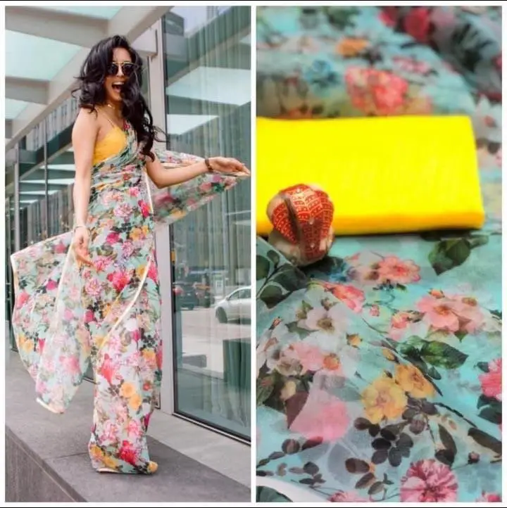 Indian ans Pakistani Style Beautiful Saree on Organza Fabric with Digital Print and Banglory Blouse for Party Wear Fancy Saree