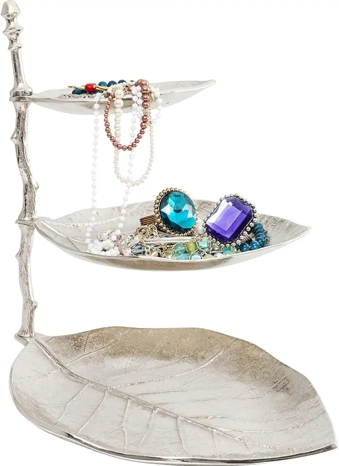 Aluminium Decorative Leaf Cake Stand with Three Storage Compartments Leaf Look Jewellery Stand Silver (H x W x D) 46 x 32 x45 cm