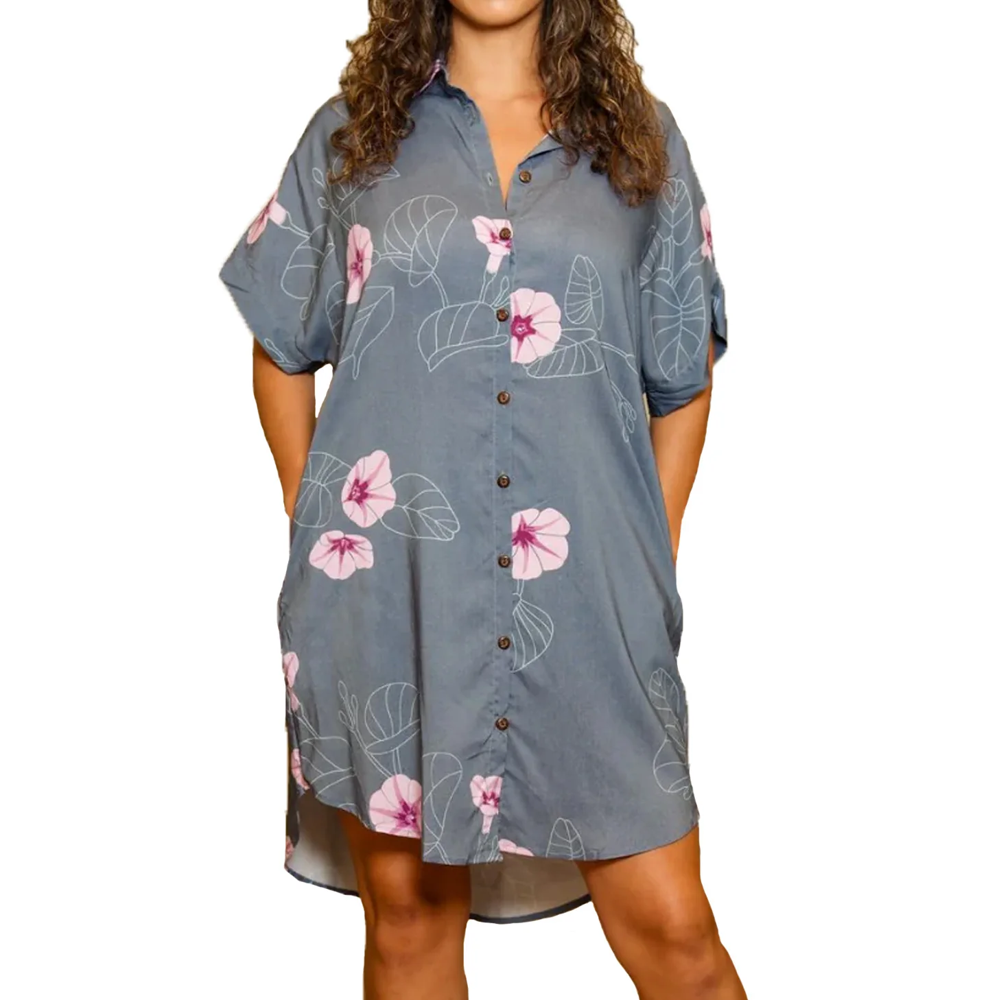Hawaii Style Clothing Supplier Custom Pattern Print Button Down Dress With Pocket Custom Label T Shirt Dress