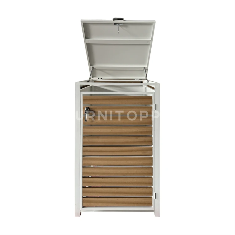Wood Grain Door Metal Trash Can Shelter Cabinet Galvanized Steel Wheelie Bin Shed Box with Folding Lid